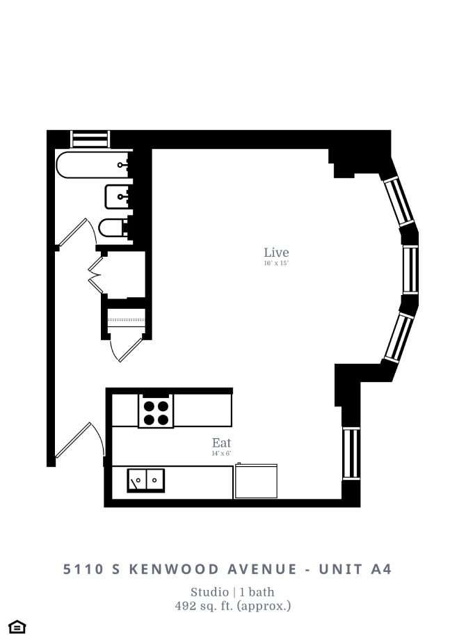 Floor plan for studio, 1 bath, 492 sqft